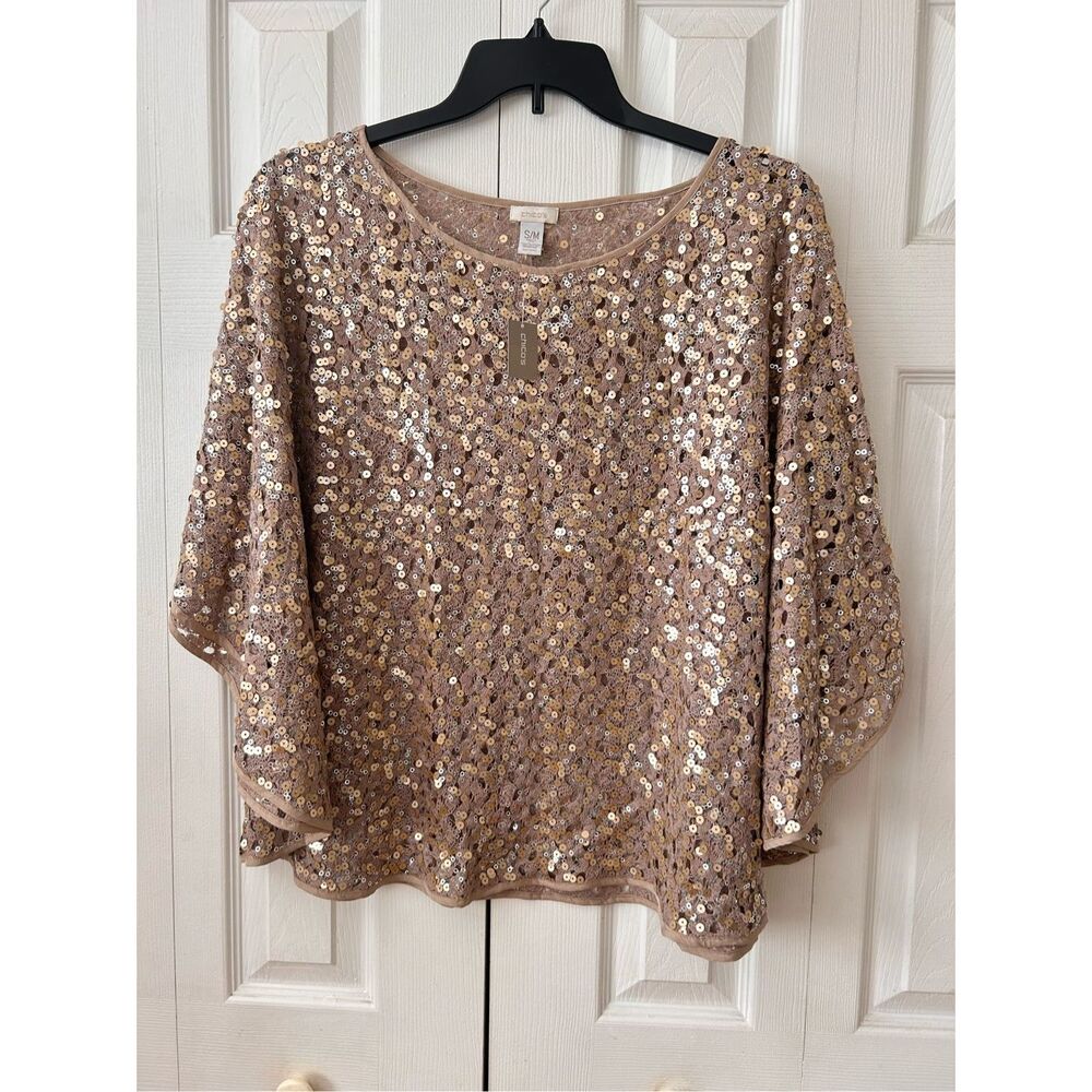 Chico’s Taylor Chianti Gold Sequins Poncho Top Size S/M NWT - Picture 1 of 6